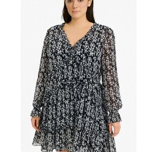 Express Black/white dress Ribbed in center ruffled neck floral print SZ LG